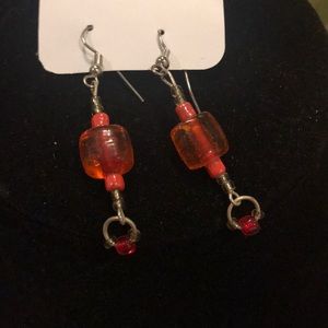Christmas Red Glass Bead Dangle Earrings